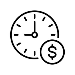 Black single time is money line icon, simple long term finance flat design illustration pictogram vector for app logo ads web button ui ux interface elements isolated on white background