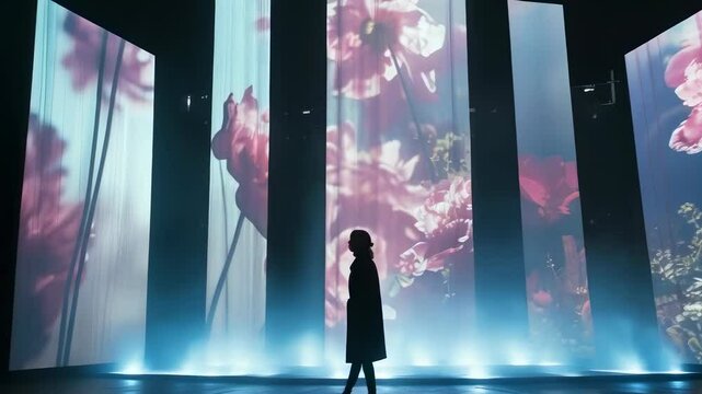 A young woman, possibly in her 20s or 30s, observes large, vertical digital screens displaying a vibrant floral art installation. She stands alone in a low-lit, immersive room. The setting has a