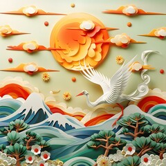 A white paper crane flies over a sea of blue and green waves with a large orange sun in the background