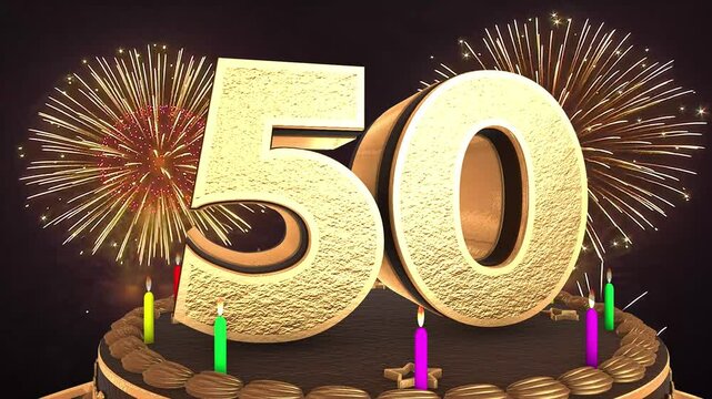 50th birthday chocolate cake animation 3d render in chocolate gold with confetti and balloon background. 4k