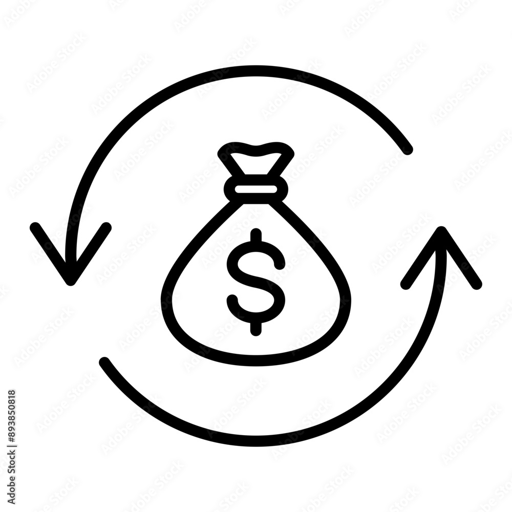 Poster black round money transfer line icon, simple arrow financial dollar mark sale flat design vector pic