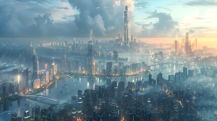 Naklejka premium A futuristic cityscape where Ambient Computing integrates with infrastructure for smart living