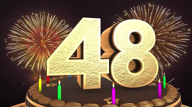 48th birthday chocolate cake animation 3d render in chocolate gold with confetti and balloon background. 4k