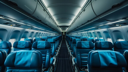 Fototapeta premium Interior view of an empty airplane cabin featuring rows of blue seats, ready for passengers.