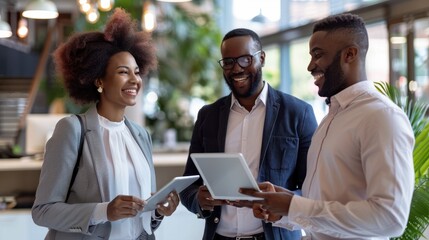 Two professionals holding tablets are engaged in a cheerful conversation with a smiling colleague in a modern office environment.