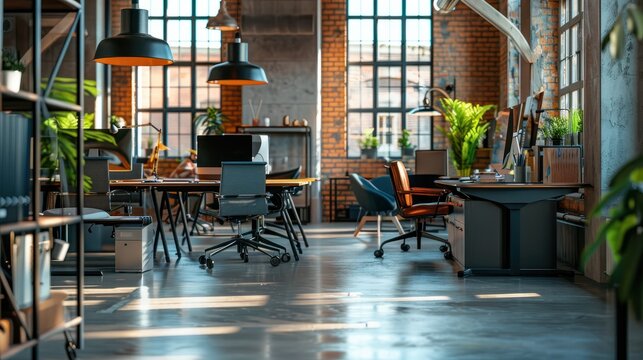 Trendy modern open concept loft office space with big windows natural light and a layout to encourage collaboration creativity and innovation : Generative AI
