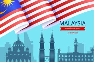 Happy 31st Malaysia Independence Day Vector Illustration. Petronas Tower Design for 67th National Day Poster Banner Template. Twin Tower and Flag of Malaysia