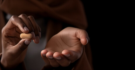 one person's hand gives another person a pill, acceptance and trust in the process of taking medication as part of a health regimen.