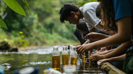 Students examining water samples from a river, with microscopes and test tubes, surrounded by lush greenery, upper third copy space