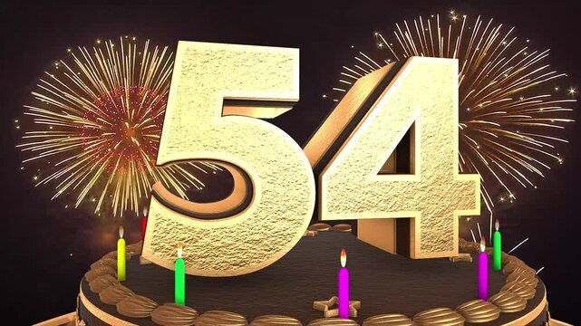 54th birthday chocolate cake animation 3d render in chocolate gold with confetti and balloon background. 4k