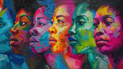 Fototapeta premium a painting of a group of women with different colored faces, A vibrant mural showcasing women of all ages, races, and professions symbolizing womens empowerment