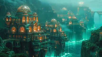 Obraz premium Enchanting Underwater City with Glowing Structures and Mystical Atmosphere