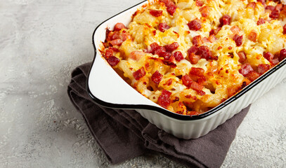 macaroni with cheese and bacon, baked, homemade, no people,