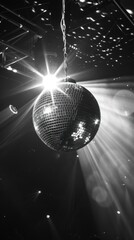 Black and white photo of disco ball with spotlights.