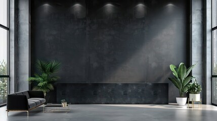 An inviting agency wall for a zoom call background with modern furniture and plants, dark grey wall color
