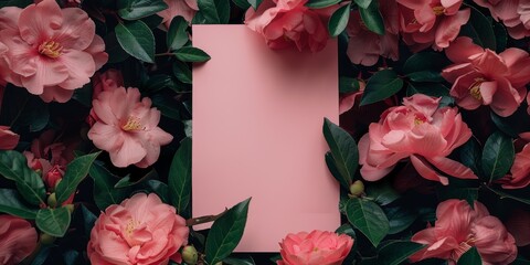 Obraz premium a photo of a baby pink sheet of paper centered on the screen surrounded by pink camelias 