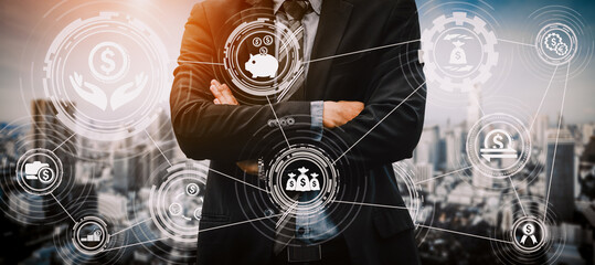 Finance and Money Transaction Technology Concept. Icon Graphic interface showing fintech trade exchange, profit statistics analysis and market analyst service in modern computer application.