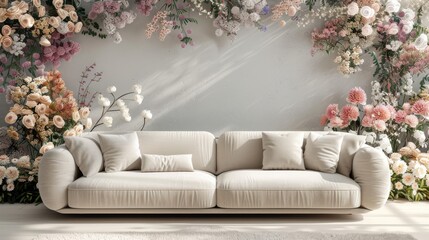 A white sofa with plush cushions sits in front of a wall adorned with a vibrant floral arrangement