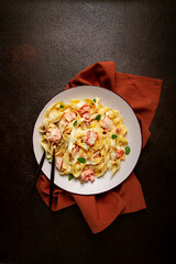 tagliatelle pasta, in cream sauce with salmon, homemade, no people,