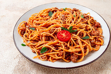 Spaghetti Bolognese, top view, close-up, no people, homemade,