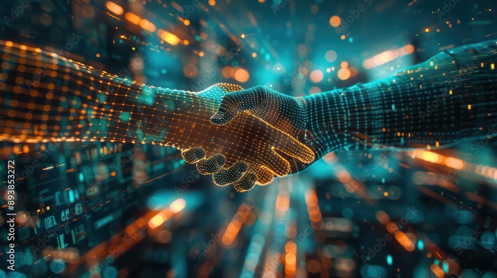 Poster digital representation of a handshake amidst a glowing data background. concept of business cooperat