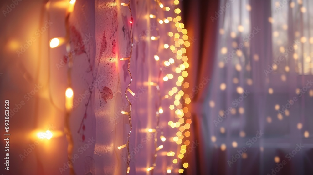 Poster string lights create a warm and inviting glow against a pink wall