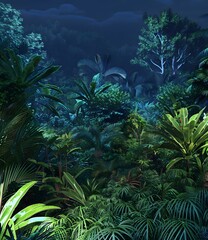 Tropical Rainforest at Night with Lush Greenery