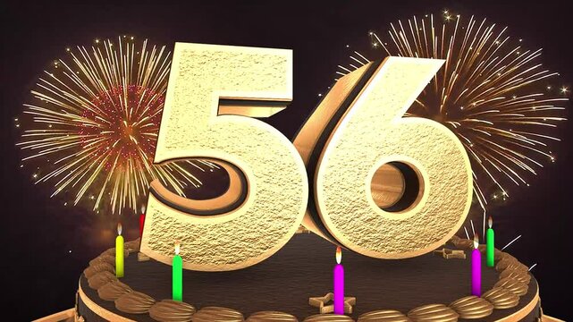 56th birthday chocolate cake animation 3d render in chocolate gold with confetti and balloon background. 4k
