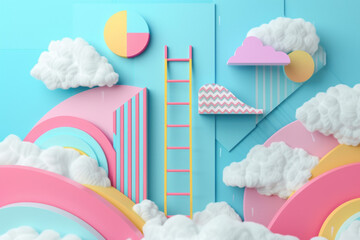 3D abstract collage with ladder and clouds, minimalistic shapes, colorful in the style of various artists