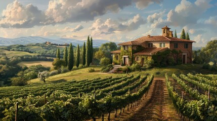 idyllic Tuscany landscape with vineyards and a manor house