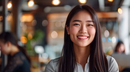 Obraz premium Portrait young asian professional woman face with a classic bob hair, confidently presenting a new product in a sleek modern office