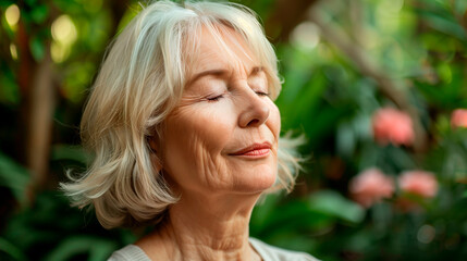 Naklejka premium Senior woman face calmly meditating in a tranquil garden