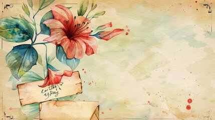 Vintage illustration of a blooming lily with old letters on a faded background. A delicate and artistic piece perfect for invitations, greeting cards, or decor. Created by AI. AI