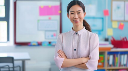 Diverse Classroom Scene with Smiling Chinese Female Teacher, Ideal for Educational Materials, Websites, or Promotional Use