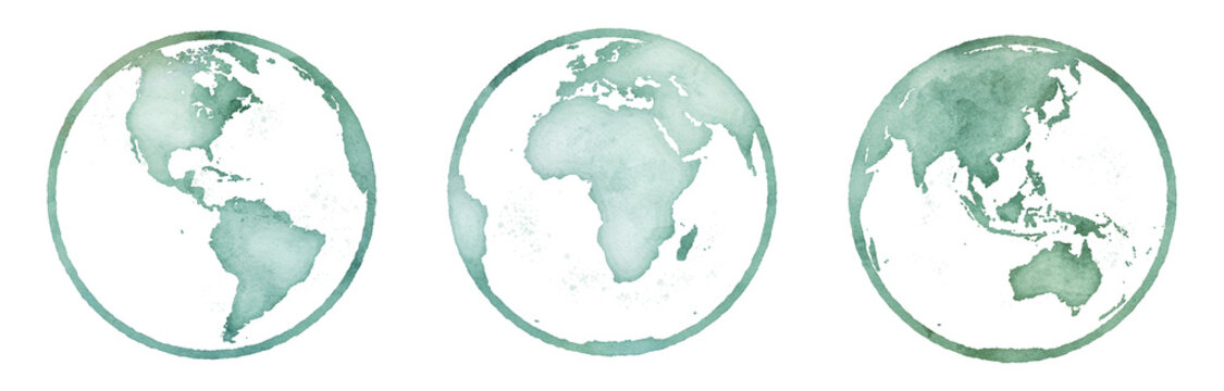 Watercolor Earth globe icons in green isolated with transparency