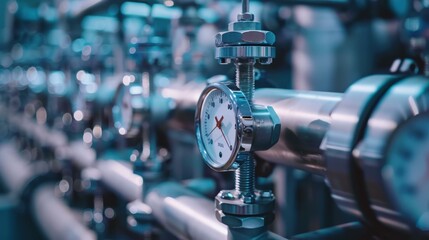 A close-up of a pressure gauge on a pipe. AI.