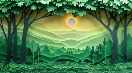A papercut forest scene with sunlit hills featuring layered green foliage and tree trunks