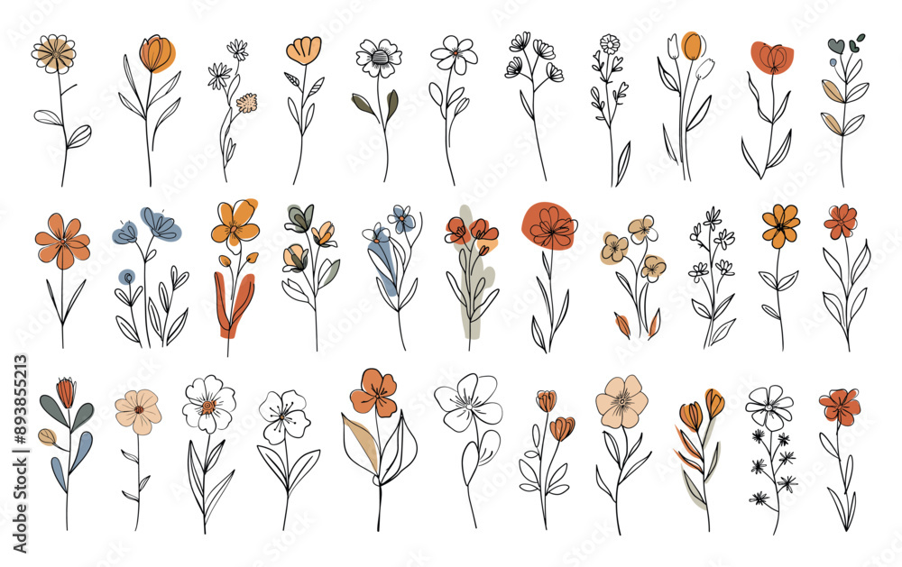 Poster flowers of abstract shapes in modern line art style set simple vector cartoon style white background