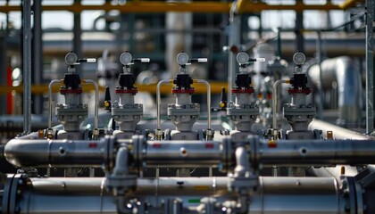 A row of industrial valves and gauges. AI.