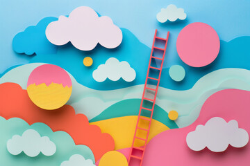 Abstract composition with ladder and clouds, in the style of paper cutout with geometric shapes and colorful elements