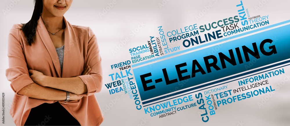 Poster E-learning and Online Education for Student and University Concept. Graphic interface showing technology of digital training course for people to do remote learning from anywhere. uds