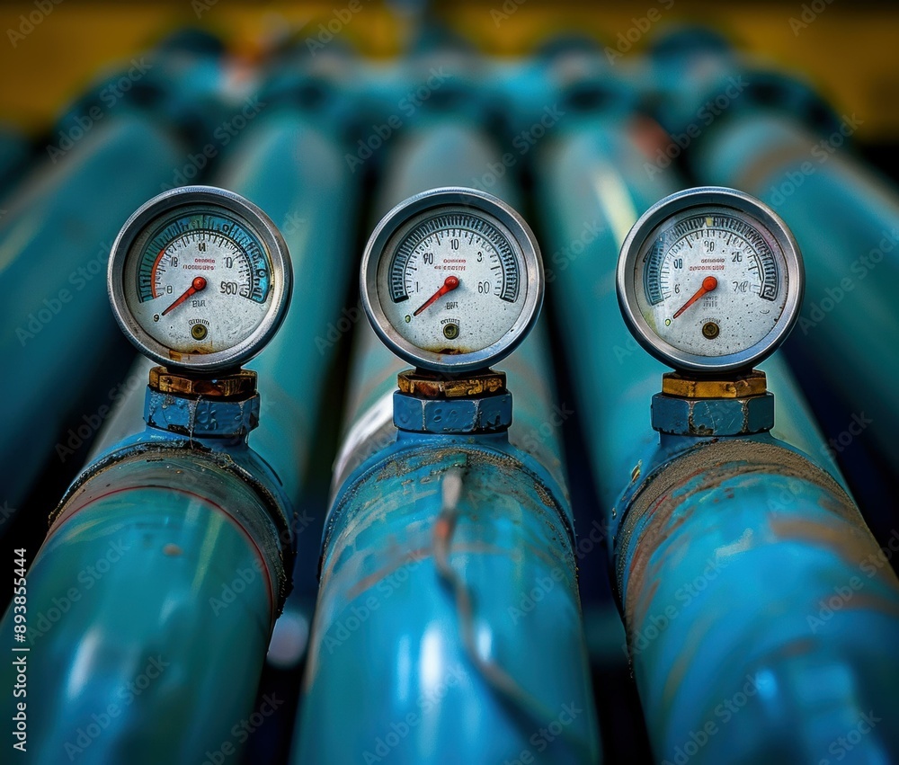 Wall mural Close up of three gauges on blue pipes. AI.