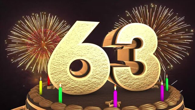 63rd birthday chocolate cake animation 3d render in chocolate gold with confetti and balloon background. 4k