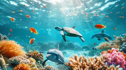 Fototapeta premium A vibrant coral reef with colorful fish, sea turtles, and playful dolphins in clear blue waters