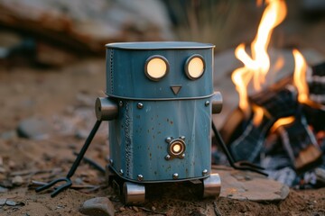 A small metal robot with glowing eyes sits by a fire. AI.