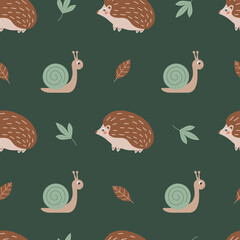 Fall seamless pattern with cute hedgehog, snail and leaves. Autumn, forest or woodland animals theme wallpaper. Suitable for decorating kids' projects. Vector illustration on dark green background. © Julia Me