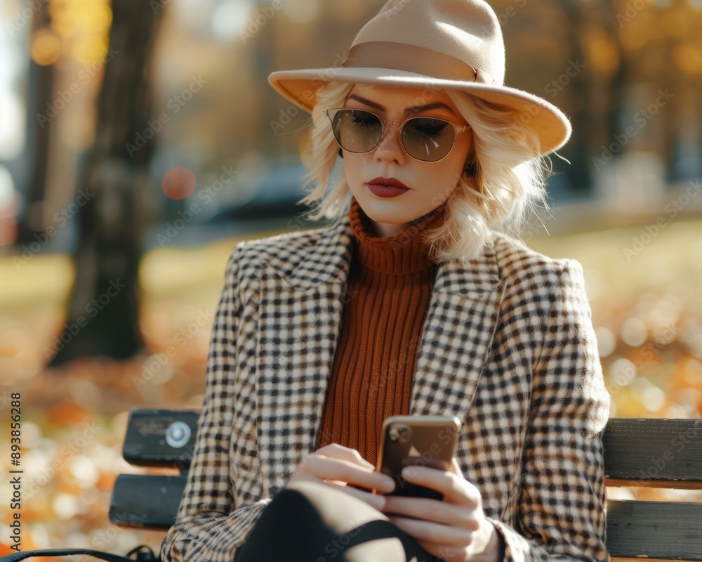 Canvas Prints A woman in a stylish outfit checks her phone while sitting on a bench. AI.