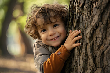 Small boy child hugging tree
