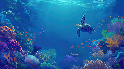 Fototapeta premium underwater coral reef with colorful fish and turtle. marine life. generative AI