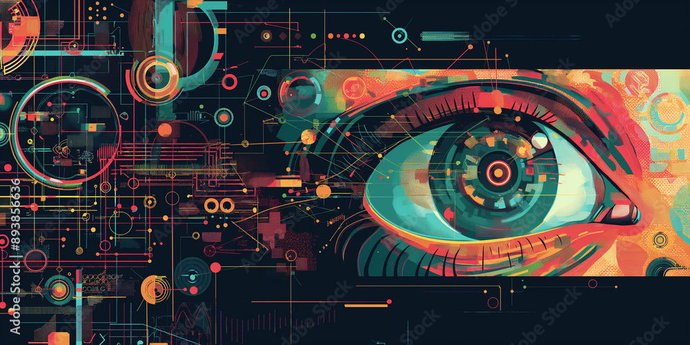 Poster human eye observing futuristic technology data analyzing system